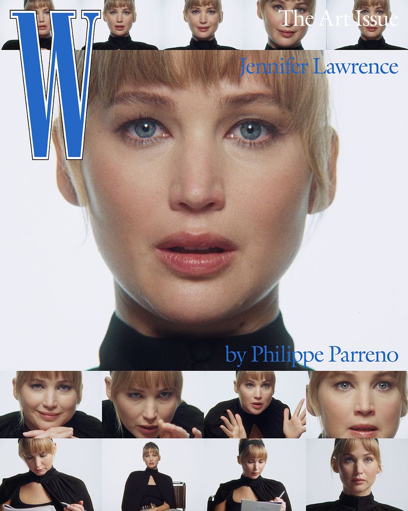Jennifer Lawrence portrait on a W Magazine cover, with multiple smaller headshots above and below, set against a white background.