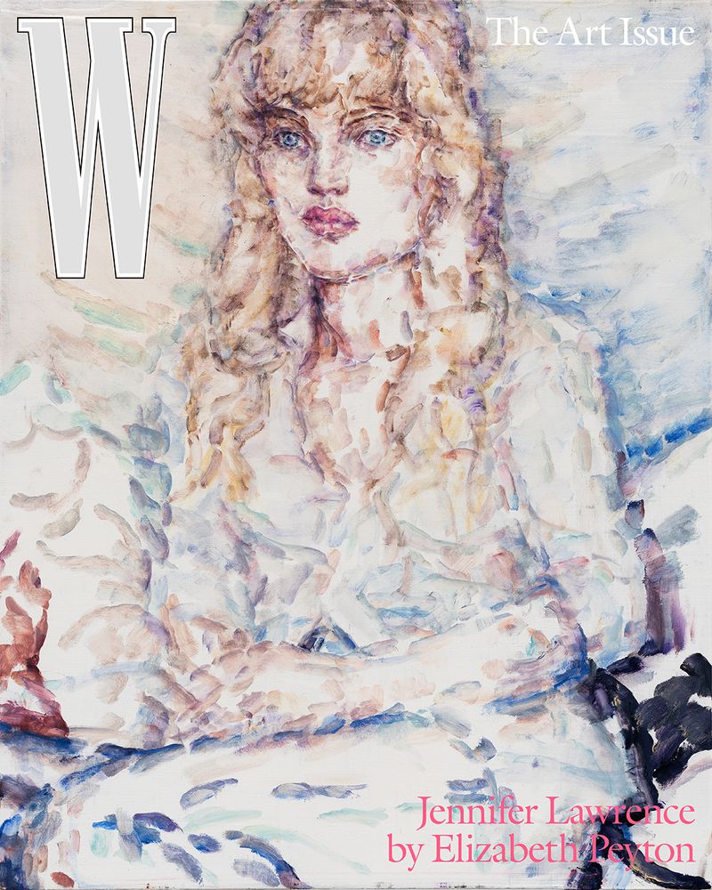 Watercolor painting of Jennifer Lawrence on the cover of 'W The Art Issue,' created by Elizabeth Peyton, featuring a portrait of the actress.