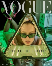 Model Anastasiia Koval lying down behind a triangular LED facial device wearing sunglasses on the cover of Vogue Portugal.