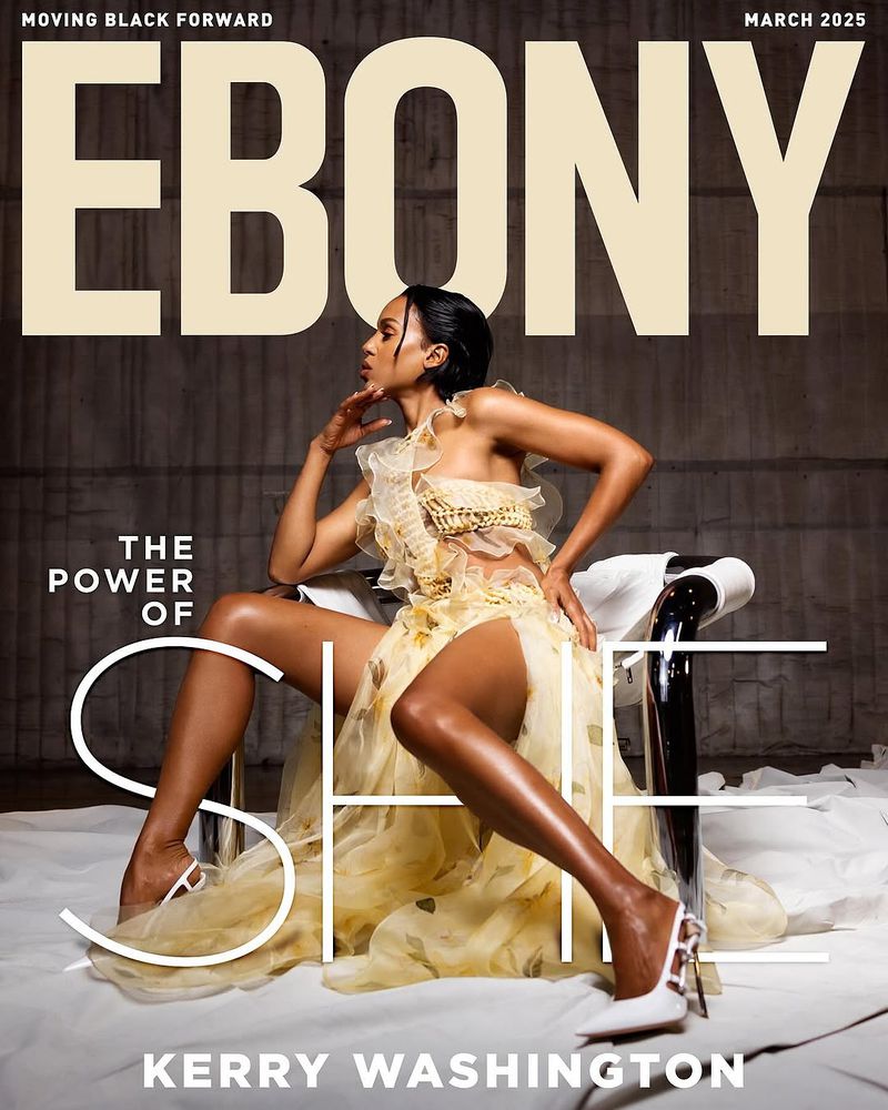 Magazine cover featuring Kerry Washington wearing a yellow ruffled dress, sitting on a chair, in front of a grey textured background.