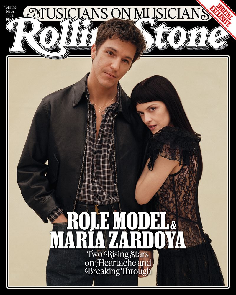 Rolling Stone magazine cover featuring Role Model and Maria Zardoya posing indoors. The title says Musicians on Musicians.