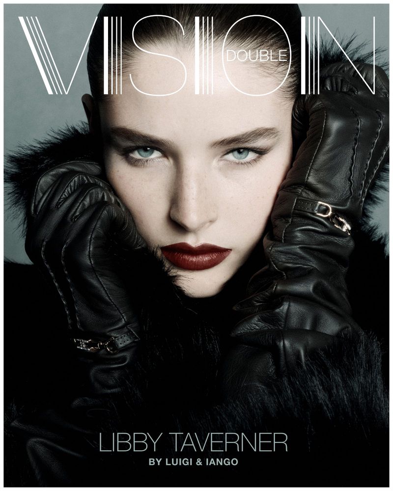 Close-up portrait of Libby Tavener on the VISION DOUBLE magazine cover, wearing black leather gloves and dark fur collar.