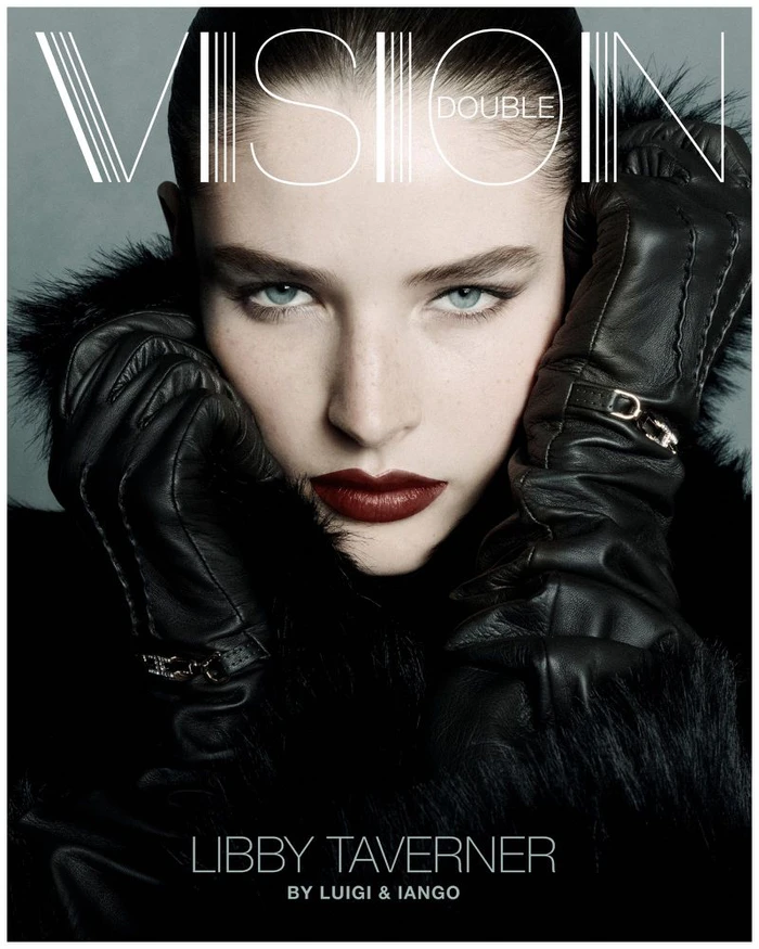 Close-up portrait of model Libby Taverner in black leather gloves and fur coat for Double Vision cover.