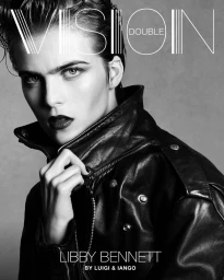 Model Libby Bennett in a black leather jacket with high collar on the black and white cover of Double Vision.