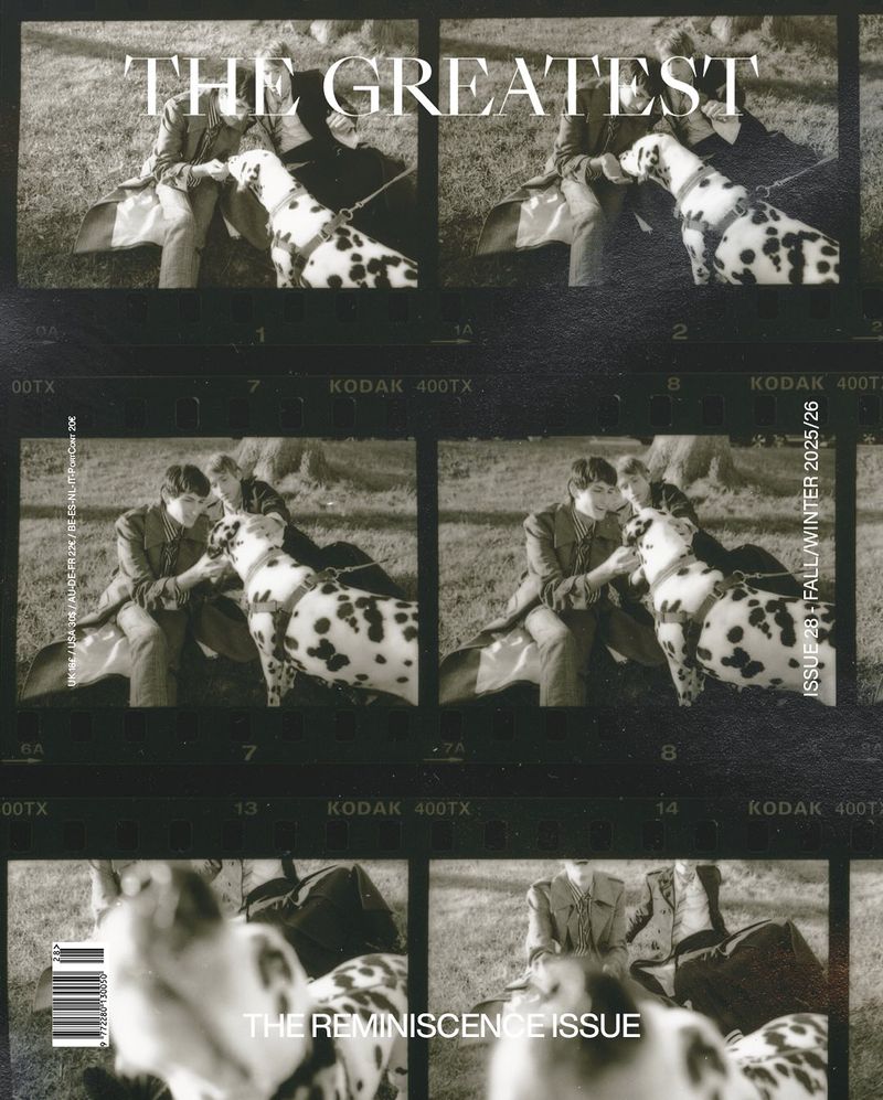 Monochrome magazine cover shows a person sitting with a Dalmatian, in a film strip layout, for a stylish, vintage, black and white aesthetic.