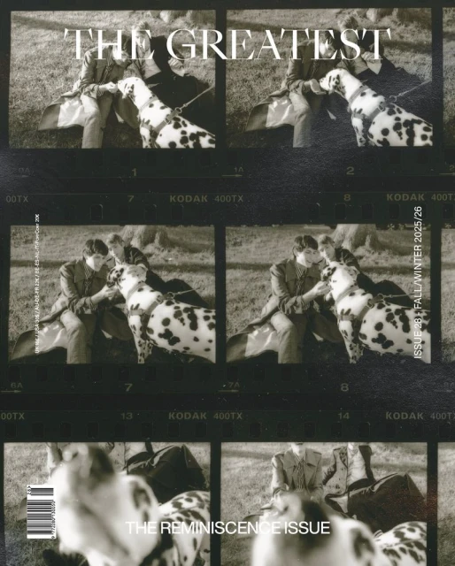 Monochrome magazine cover shows a person sitting with a Dalmatian, in a film strip layout, for a stylish, vintage, black and white aesthetic.