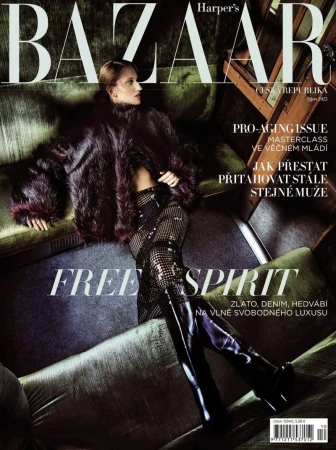 Linda Novotna reclines on green velvet seats wearing a dark fur jacket and black patent boots for Harper's Bazaar Czech Republic.