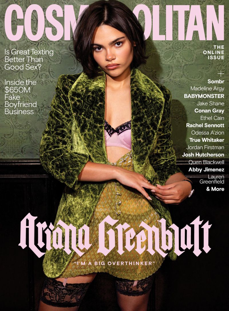 Magazine cover featuring Ariana Greenblatt in a green velvet jacket, lacy lingerie, and patterned skirt. The backdrop is a textured green.