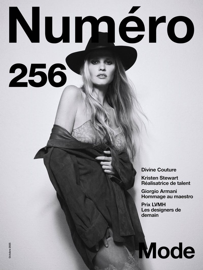 Black-and-white fashion magazine cover featuring a woman in a hat and jacket, 'Numéro' title, and fashion-related text.