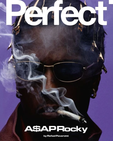 Portrait of rapper A$AP Rocky on the cover of Perfect magazine smoking a cigarette, wearing sunglasses, against a purple backdrop.