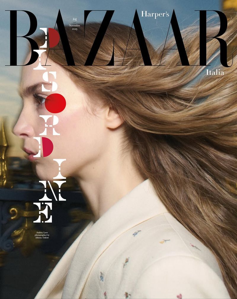 Fashion magazine cover featuring a blonde woman in profile wearing a cream-colored jacket, with Bazaar and Harper's Italia text.