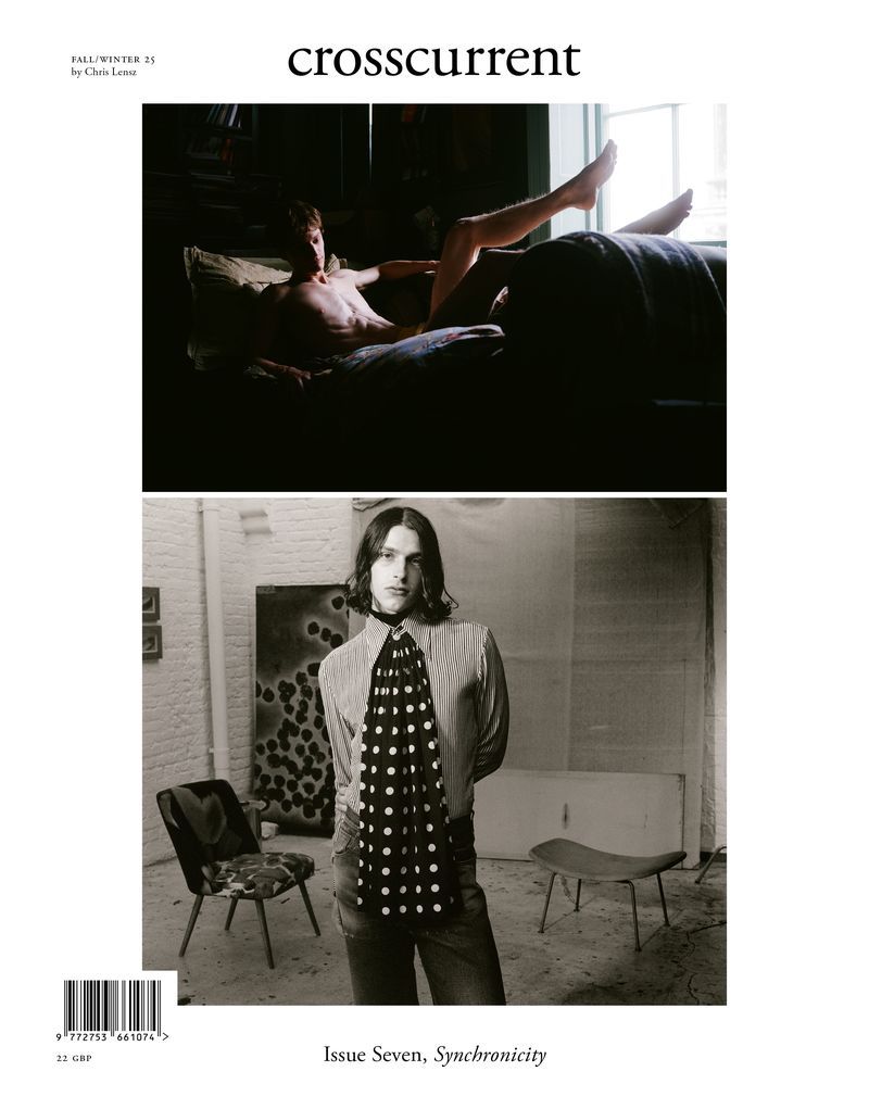 Magazine cover featuring a shirtless male reclining on a couch and a separate photo of a male with a polka dot scarf.