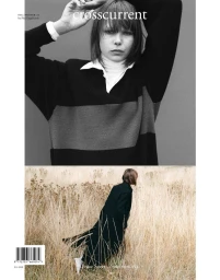 Crosscurrent magazine cover featuring a top portrait in a striped sweater and a bottom image of a figure walking in tall grass.