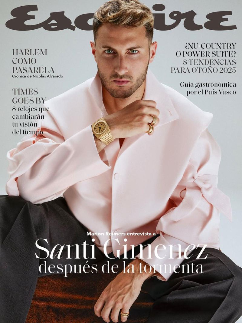 Esquire magazine cover featuring a close-up of Santi Gimenez in a pink jacket and gold watch, set against a soft studio background.