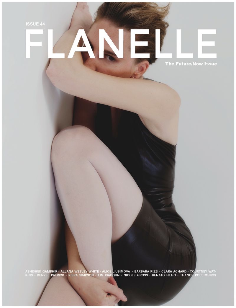 A woman poses in a short black dress against a white wall for a magazine cover, featuring the title FLANELLE and issue number 44.