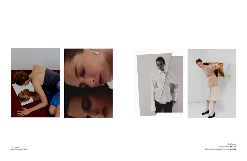 Fashion layout featuring four stylish images of a young adult female model in various poses and outfits in a minimalist studio setting.