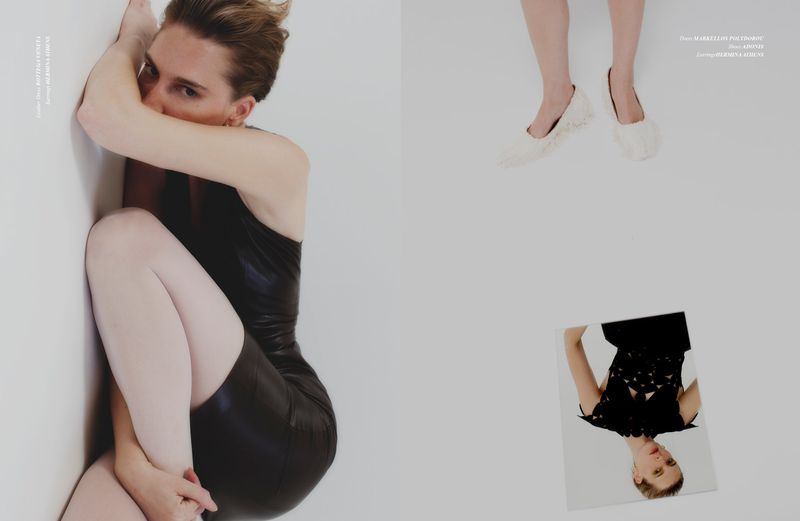 Fashion editorial spread featuring model Ros Georgiou in a black sleeveless dress, white ballet flats, and an upside-down inset portrait.