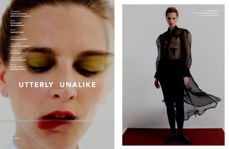 Fashion editorial split image featuring a close-up of a woman's face with bold eye makeup and a full-body shot of a woman in sheer black outfit.