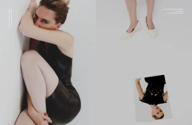 Fashion editorial spread featuring model Ros Georgiou in a black sleeveless dress, white ballet flats, and an upside-down inset portrait.