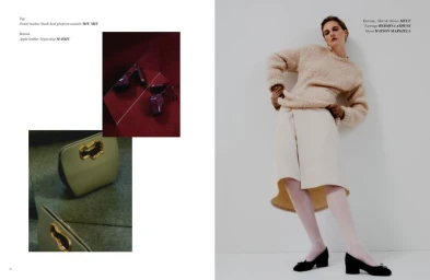 Model Ros Georgiou poses in a fuzzy beige sweater, cream skirt, and black shoes in an editorial spread for Flanelle Magazine.