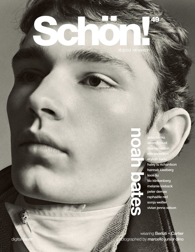 Magazine cover featuring a portrait of Noah Bates, wearing Berluti + Cartier. The magazine's name 'Schön!' is visible at the top.
