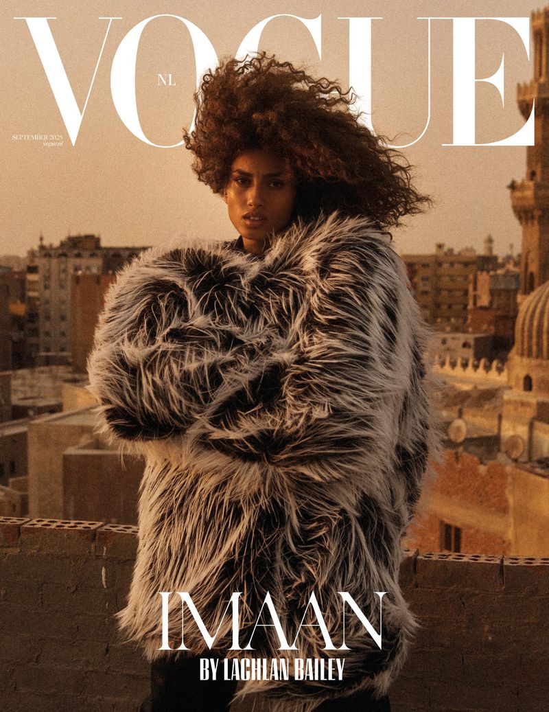 Vogue NL cover featuring a woman with curly hair wearing a fur coat on a rooftop in front of a city skyline at golden hour.