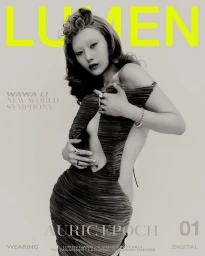 Model Wawa Li wearing a dark textured gown and rings in a fashion editorial by photographer Hristo Hristov.