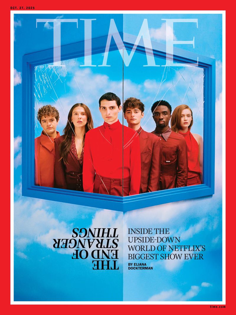 Time magazine cover featuring cast members of the Netflix series Stranger Things standing against a sky-blue cloudscape backdrop.
