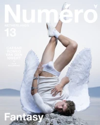 Model Caesar van den Idsert wearing white briefs and wings on a rock against an overcast sky and water body