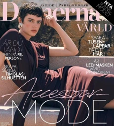 Model Renee Does in a draped burgundy brown dress and sculptural silver earring reclining against stone on a magazine cover.