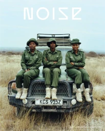 Three women in green uniforms and bucket hats sitting on the front bumper of an off-road vehicle in a grassy landscape.