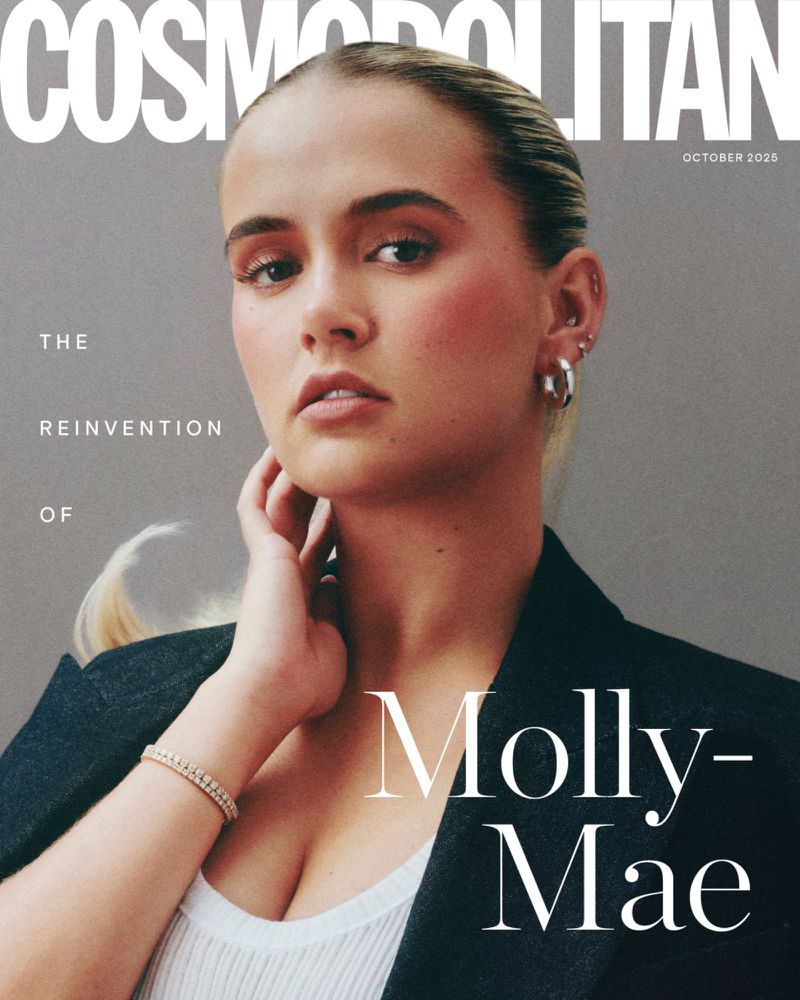 Cosmopolitan magazine cover featuring Molly-Mae Hague. Close-up shot of the blond-haired model in a black blazer and white top.