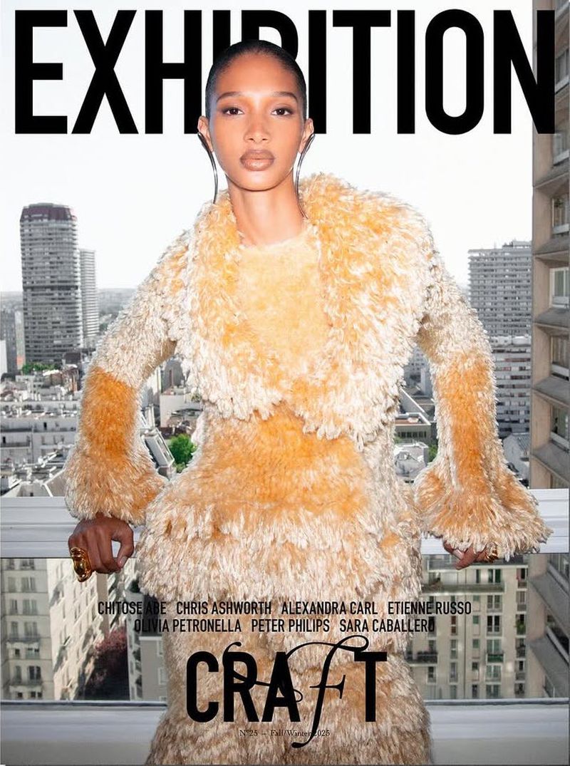 Fashion magazine cover featuring a woman in a textured dress against a cityscape backdrop, promoting an exhibition. The 'CRAFT' title is visible.