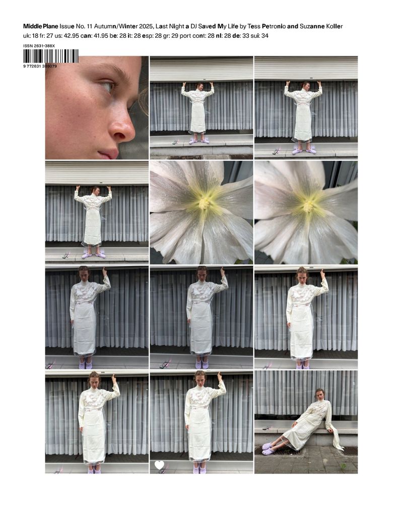 Collage of a young woman in a long dress, in a series of poses. She stands against a corrugated wall. Some panels show white flowers.