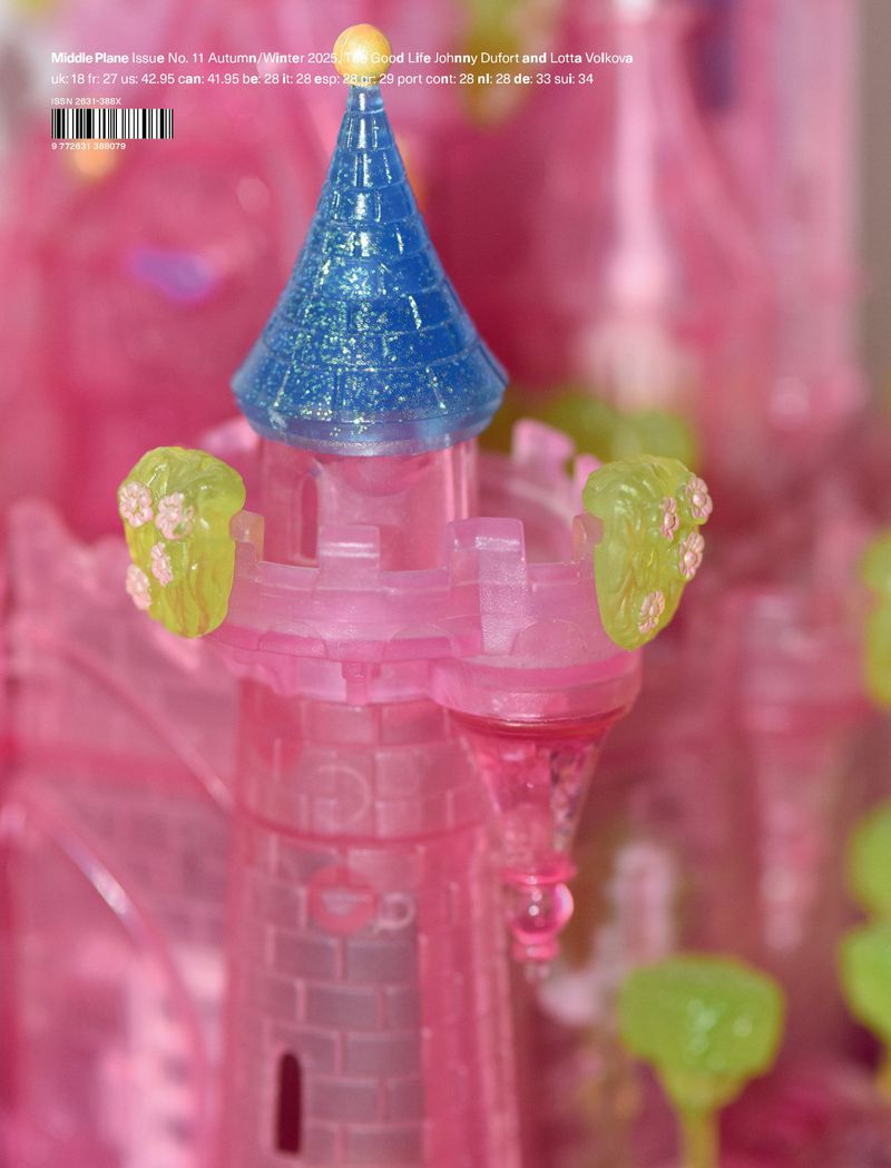 Close up of a translucent pink toy castle with a shiny blue cone roof and green accents resembling trees. Macro studio photography.