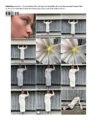 Magazine cover layout featuring a grid of portrait and flower detail photos with a model in a white dress