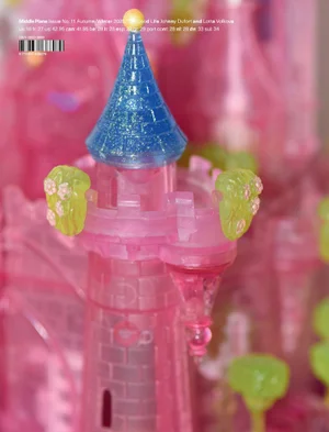 Close-up of a pink translucent plastic toy castle tower with a sparkling blue conical roof on the cover of Middle Plane Issue 11.