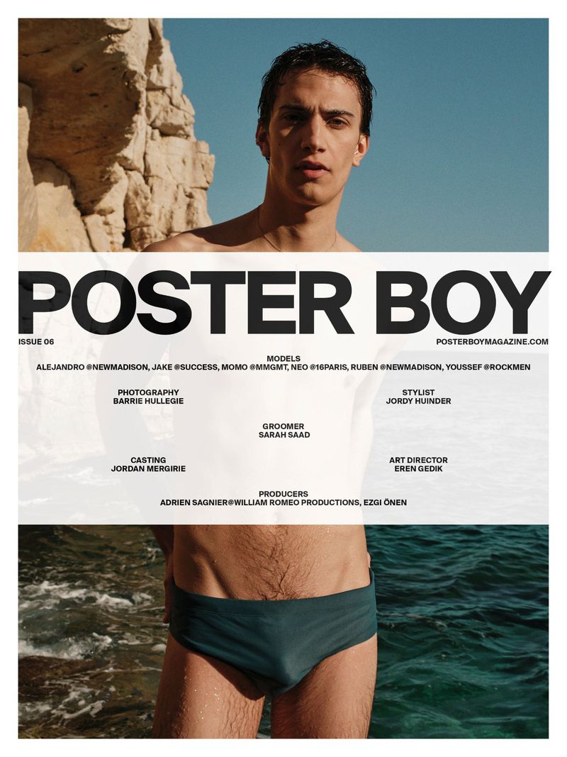 Poster Boy magazine cover features a male model in a swimsuit against a beach backdrop, showcasing fashion and lifestyle photography.