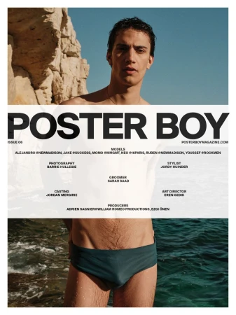 Poster Boy magazine cover features a male model in a swimsuit against a beach backdrop, showcasing fashion and lifestyle photography.