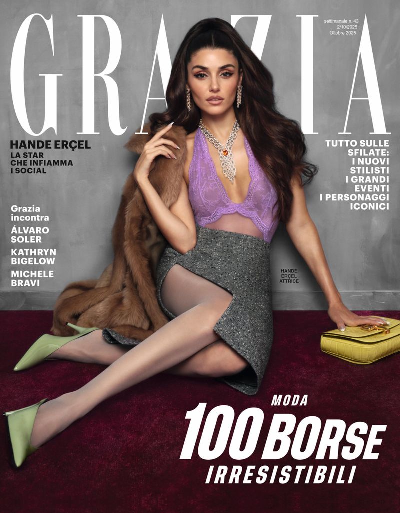 Grazia magazine cover featuring Hande Erçel in a purple lace top, grey skirt, green heels, and a fur coat against a grey backdrop.