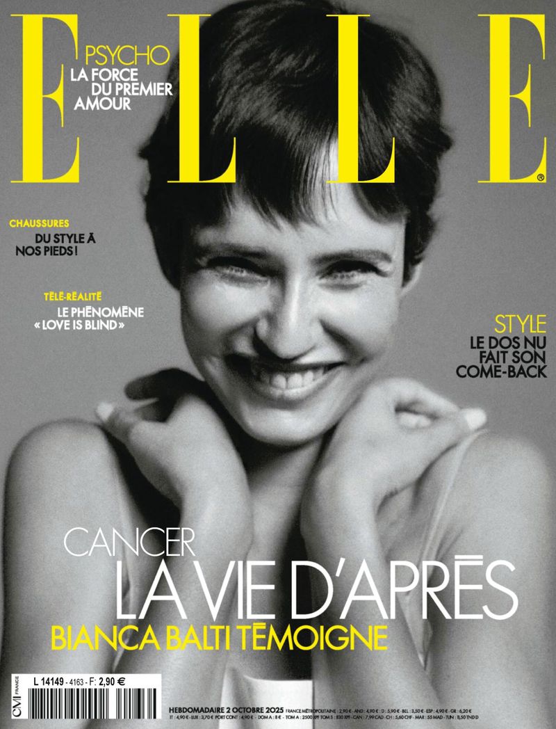 Elle magazine cover featuring Bianca Balti, who is smiling and has short hair, set against a grey background with yellow magazine text.