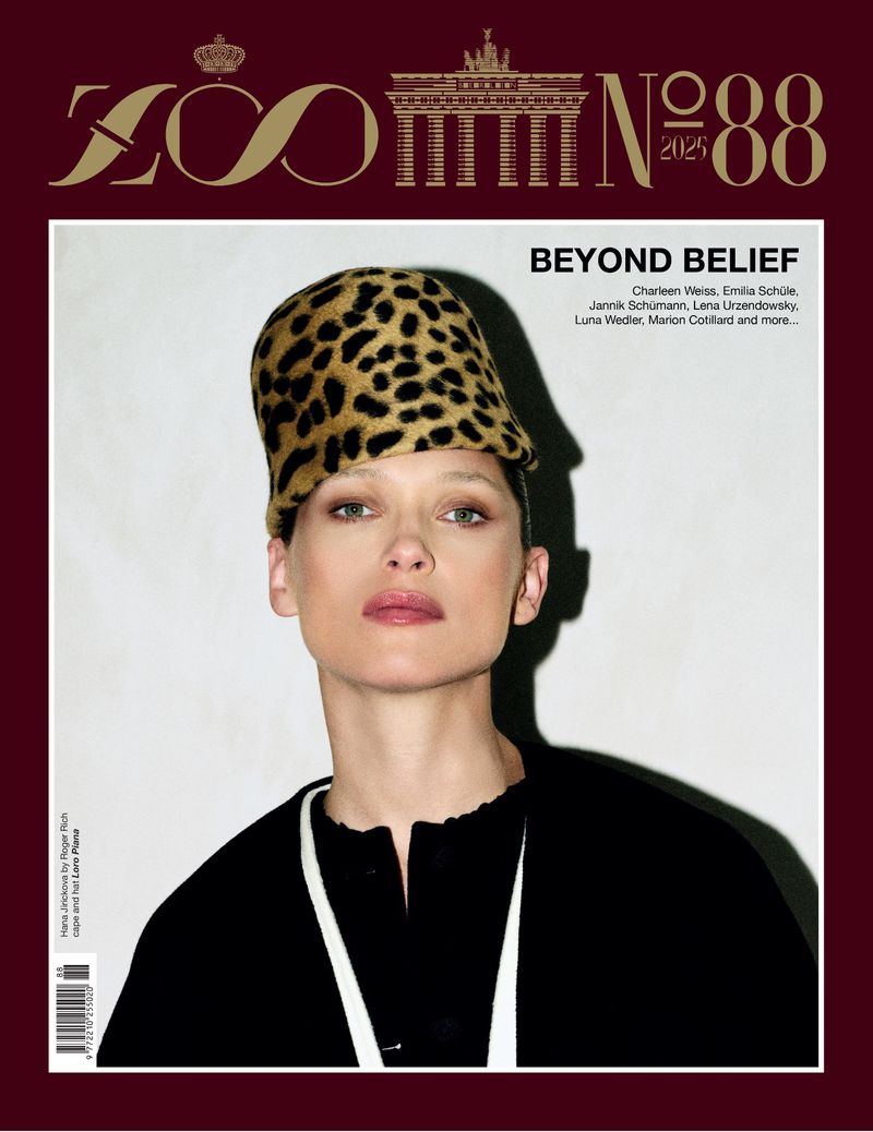 ZOO Magazine No. 88 cover featuring a stylish woman with an animal-print hat, shot in a photo studio with minimalist background, and clear typography.