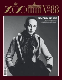 Zoo Magazine #88 cover featuring model Heather Kemesky in a structured tailored jacket and black ruffled collar against a studio background.