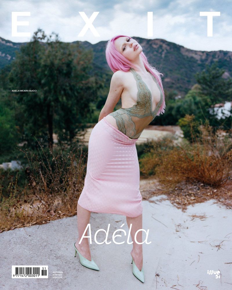 Magazine cover featuring a woman with pink hair in lingerie and a skirt posing outdoors with mountains and vegetation in the background.