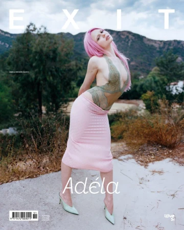Magazine cover featuring a woman with pink hair in lingerie and a skirt posing outdoors with mountains and vegetation in the background.
