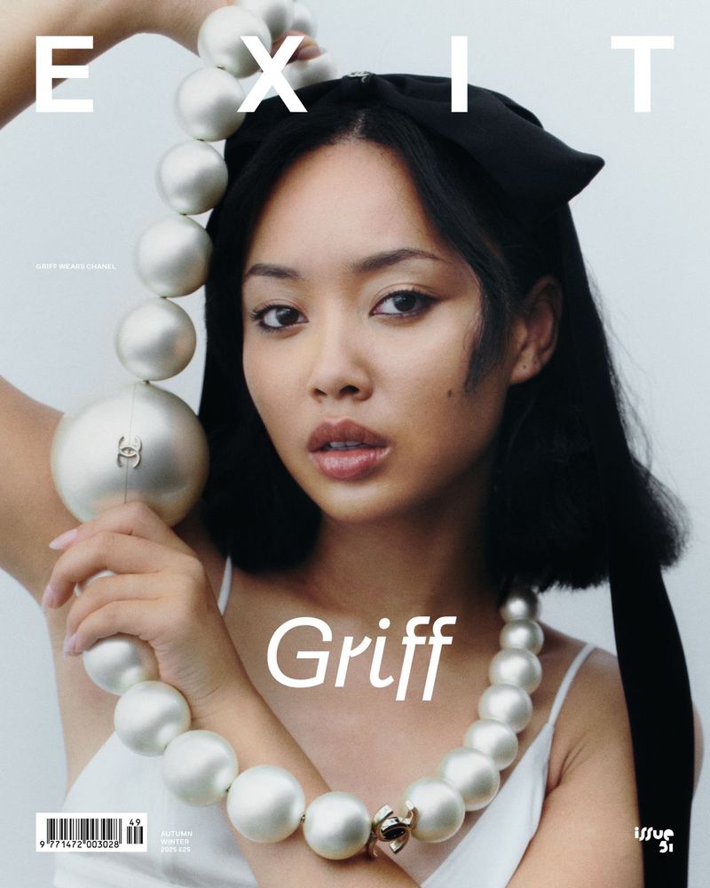 Magazine cover featuring an Asian woman with large pearl necklace and black bow. Exit magazine text is visible on the cover.