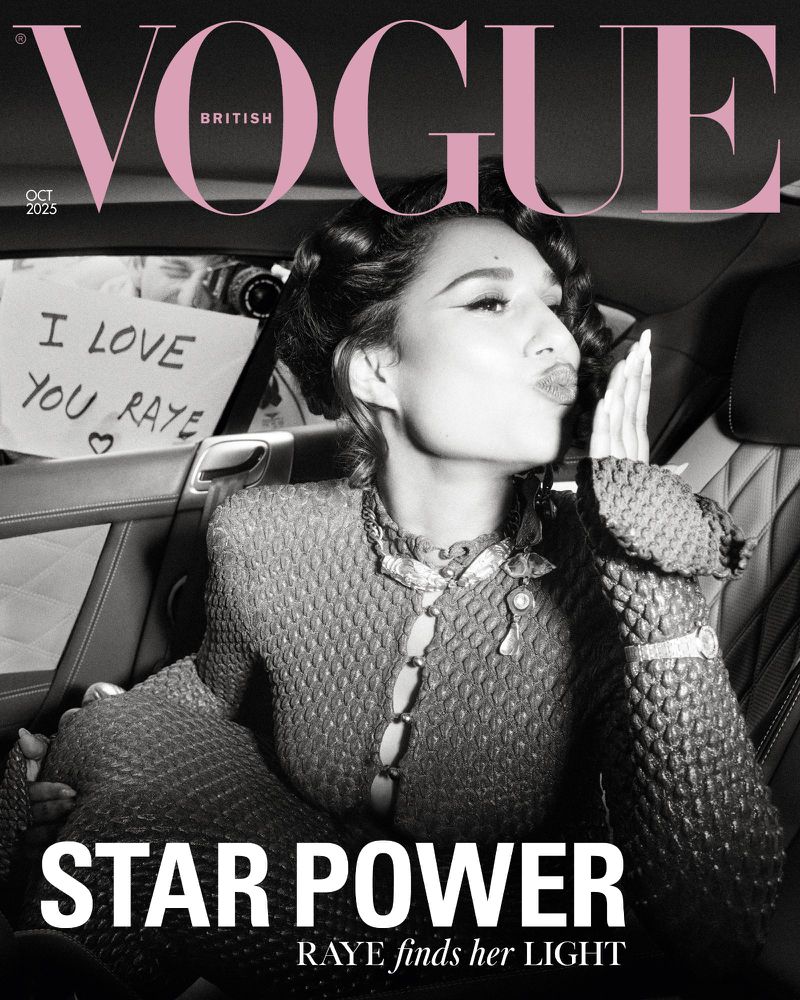 Vogue cover featuring Raye in textured jacket inside car. Magazine cover displays "Star Power" headline, black and white portrait.