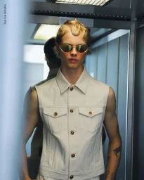 A male model wearing a sleeveless cream button-up vest and gold sunglasses inside a mirrored elevator.