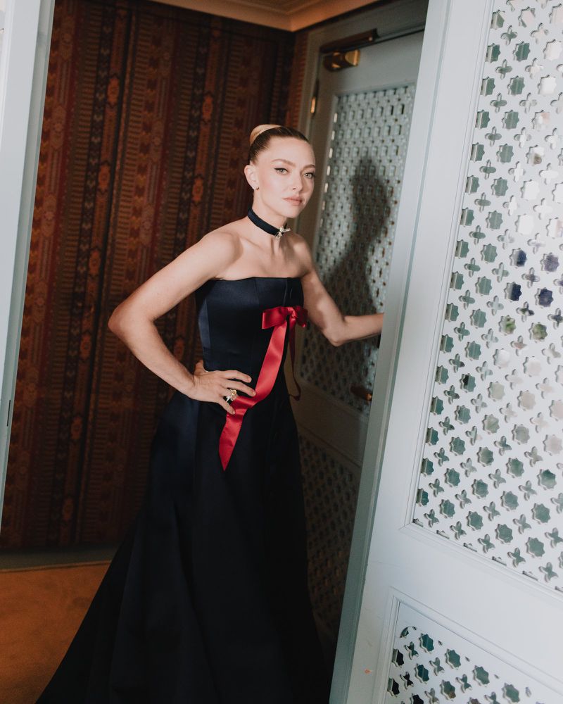 Amanda Seyfried poses in a strapless navy gown with a red ribbon in a photo studio with a patterned background and white door.