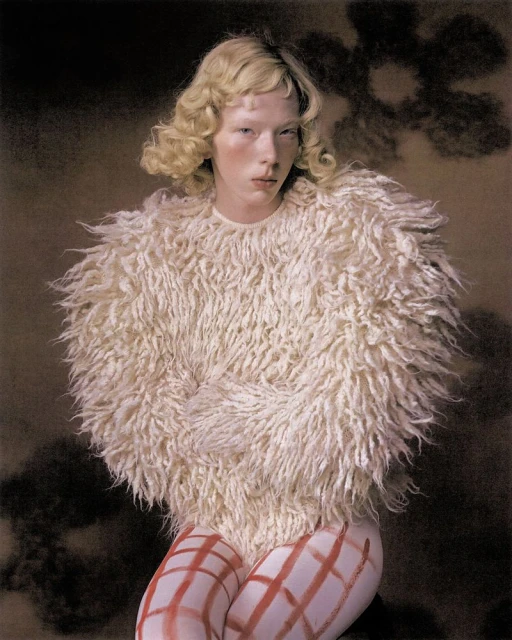Person with blond curly hair wearing a fluffy white jacket, posed against a dark background with floral pattern, painted red and white legs.
